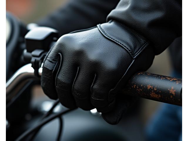 Motorcycle rider wearing black leather gloves with knuckle protection, gripping handlebars.