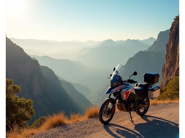 Motorcycle parked at a scenic lookout during an adventure tour, showing exploration.