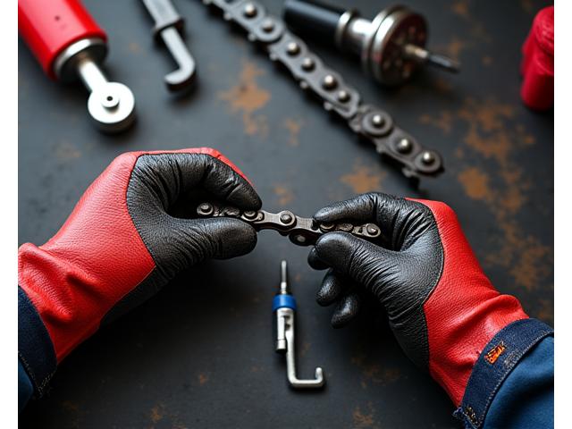 Close-up of motorcycle chain being lubricated, representing gear maintenance.
