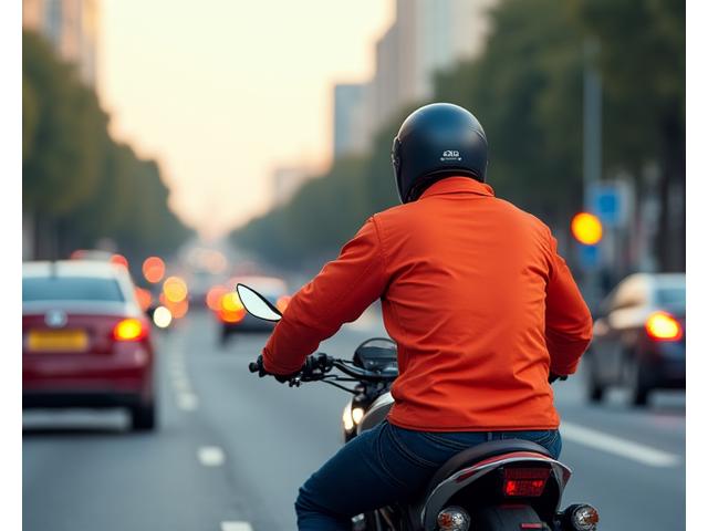 Motorcycle rider signaling a turn in traffic, emphasizing safe riding.