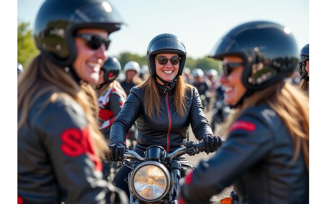 Group of diverse women riders gathered at a motorcycle event, laughing and talking